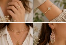 نمای نزدیک از بافت ظریف مهره‌های میوکی همراه قطعات طلا