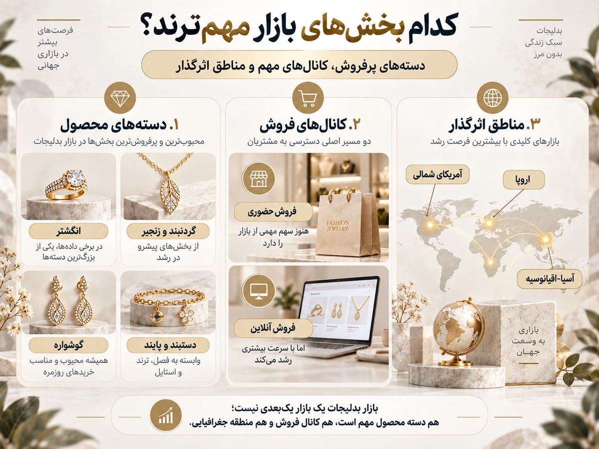 اینفوگرافیک دستههای پرفروش بدلیجات، کانالهای فروش حضوری و آنلاین و مناطق اثرگذار بازار