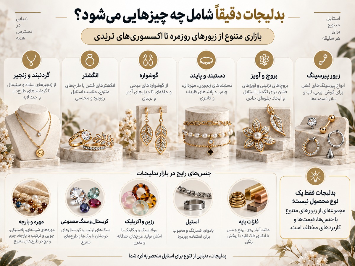 اینفوگرافیک انواع بدلیجات شامل گردنبند، انگشتر، گوشواره، دستبند، پابند و زیور پیرسینگ به همراه مواد رایج